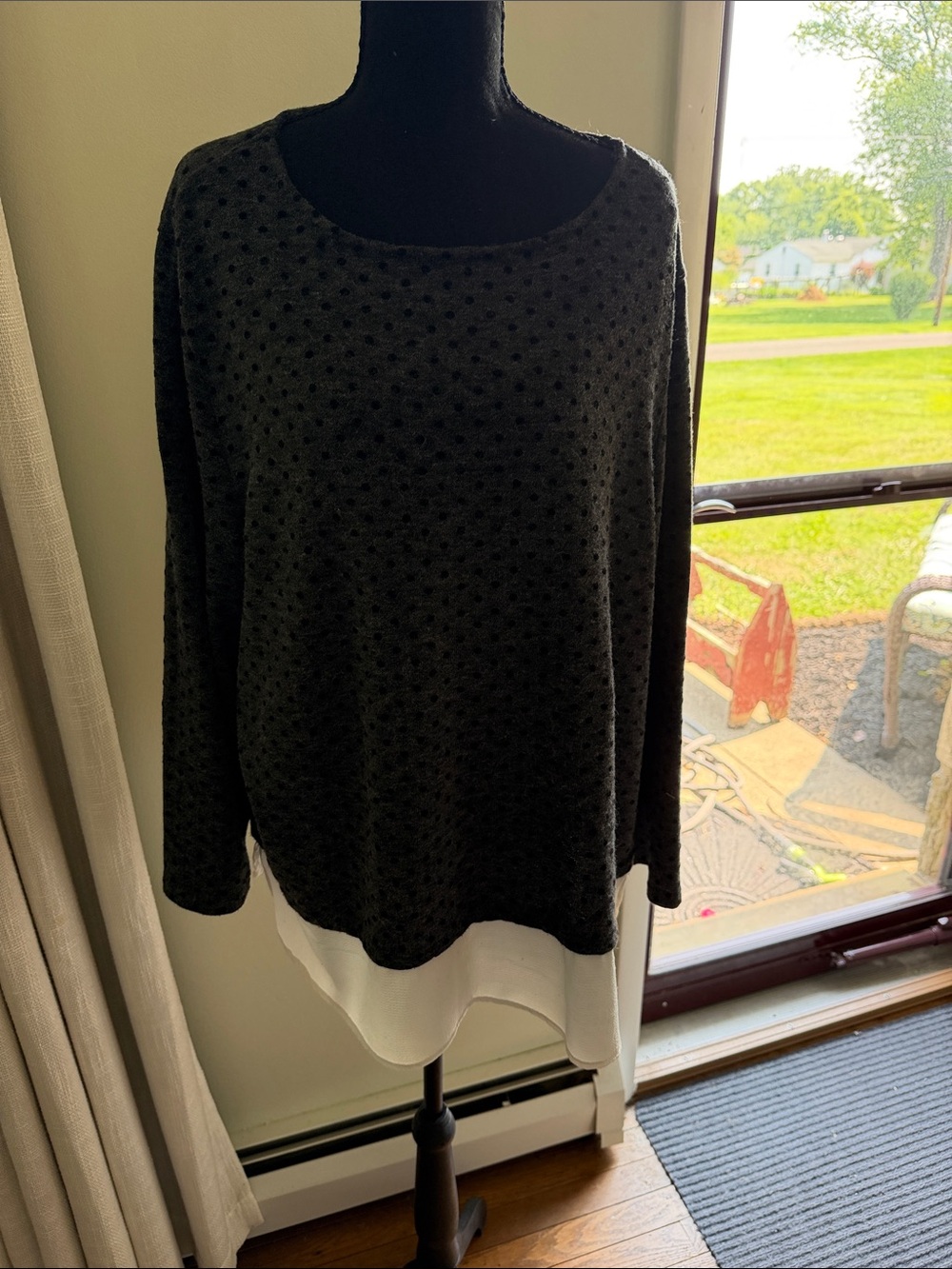 Light Black Polka Dot Layered-Look Sweater with Cream/White Hem NWOT